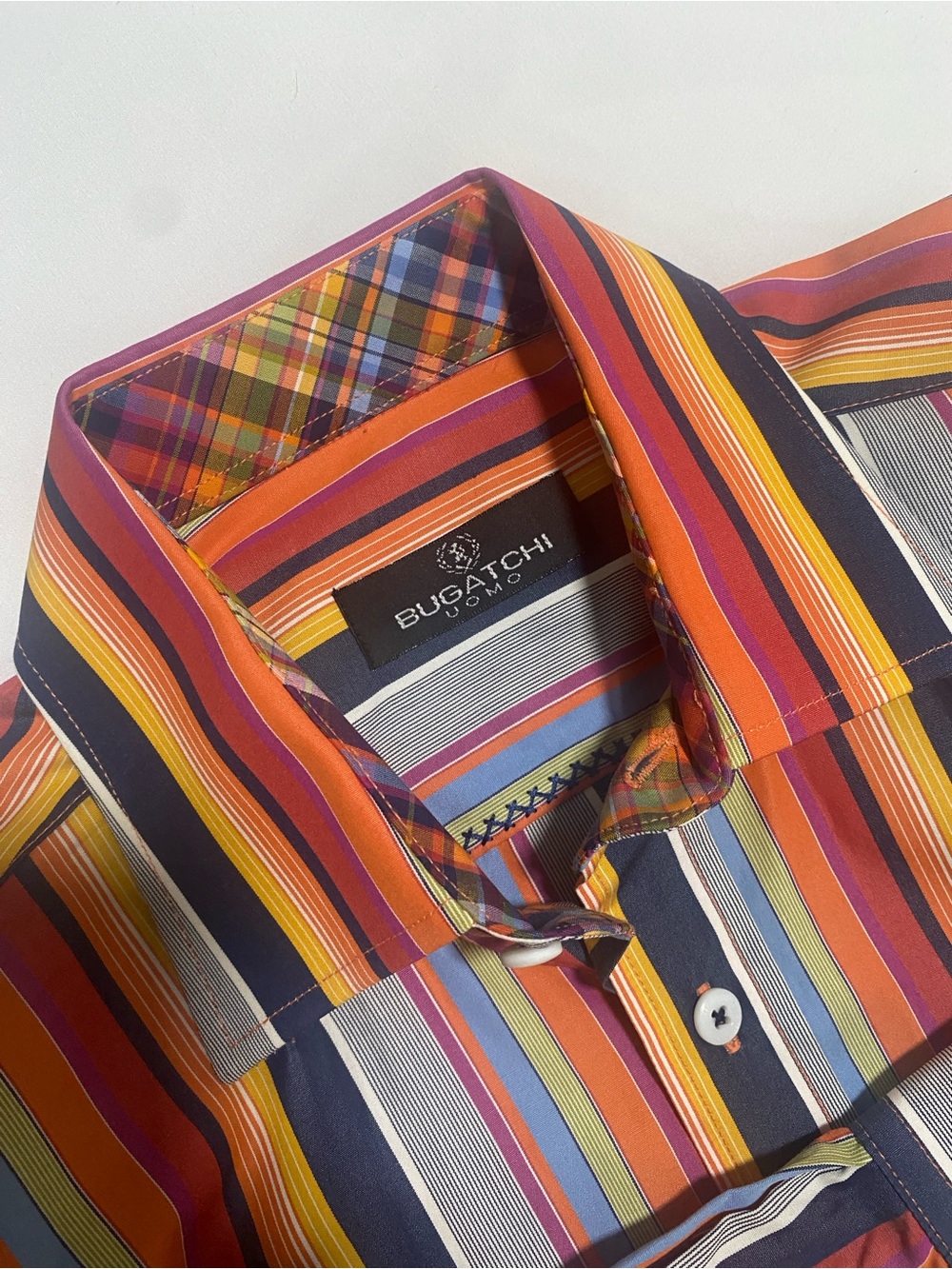 Bugatchi Striped Button-Down Shirt in Orange, Navy & Yellow
